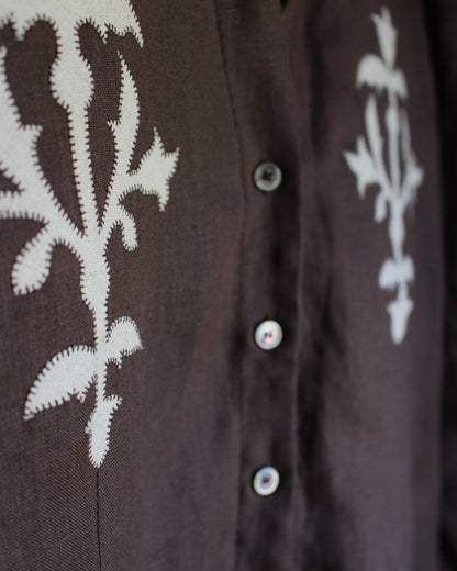 Medieval Floral Iron on Reworked Brown Linen Shirt