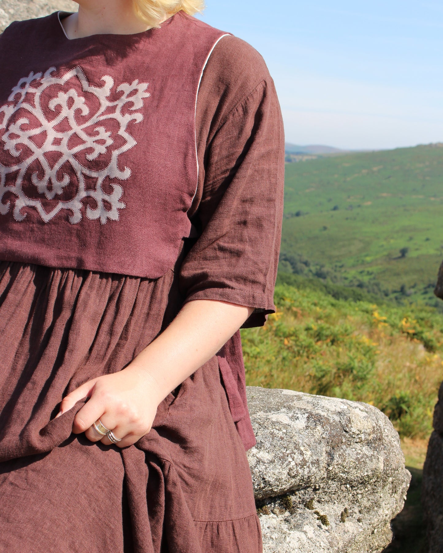 Tudor Tile on Dark Burgundy Plum Linen