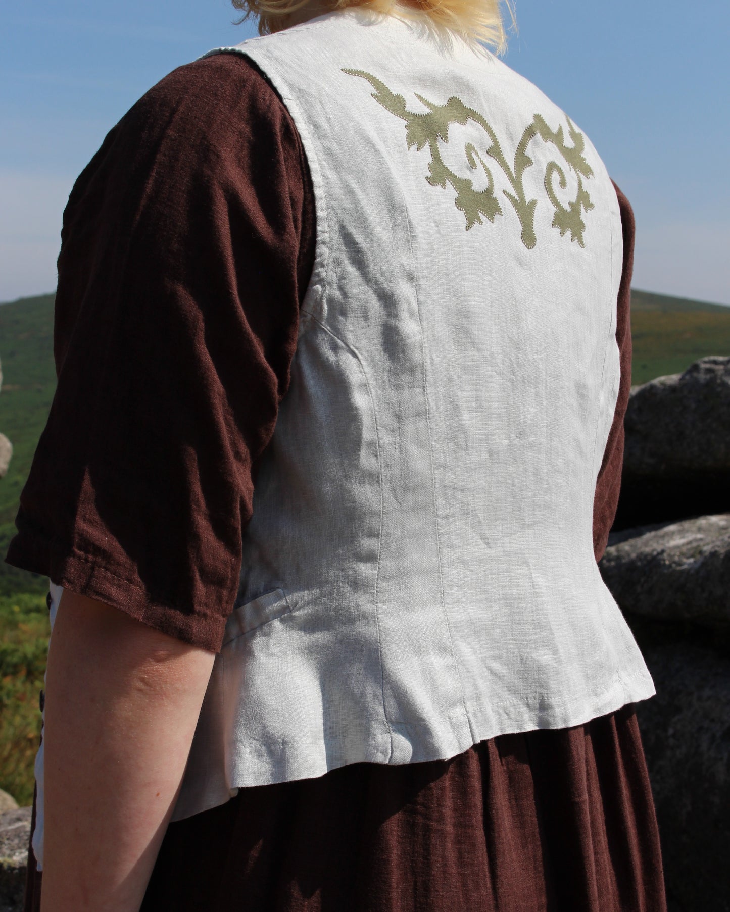 Ornate Spiraling Leafage, Reworked Linen Waistcoat