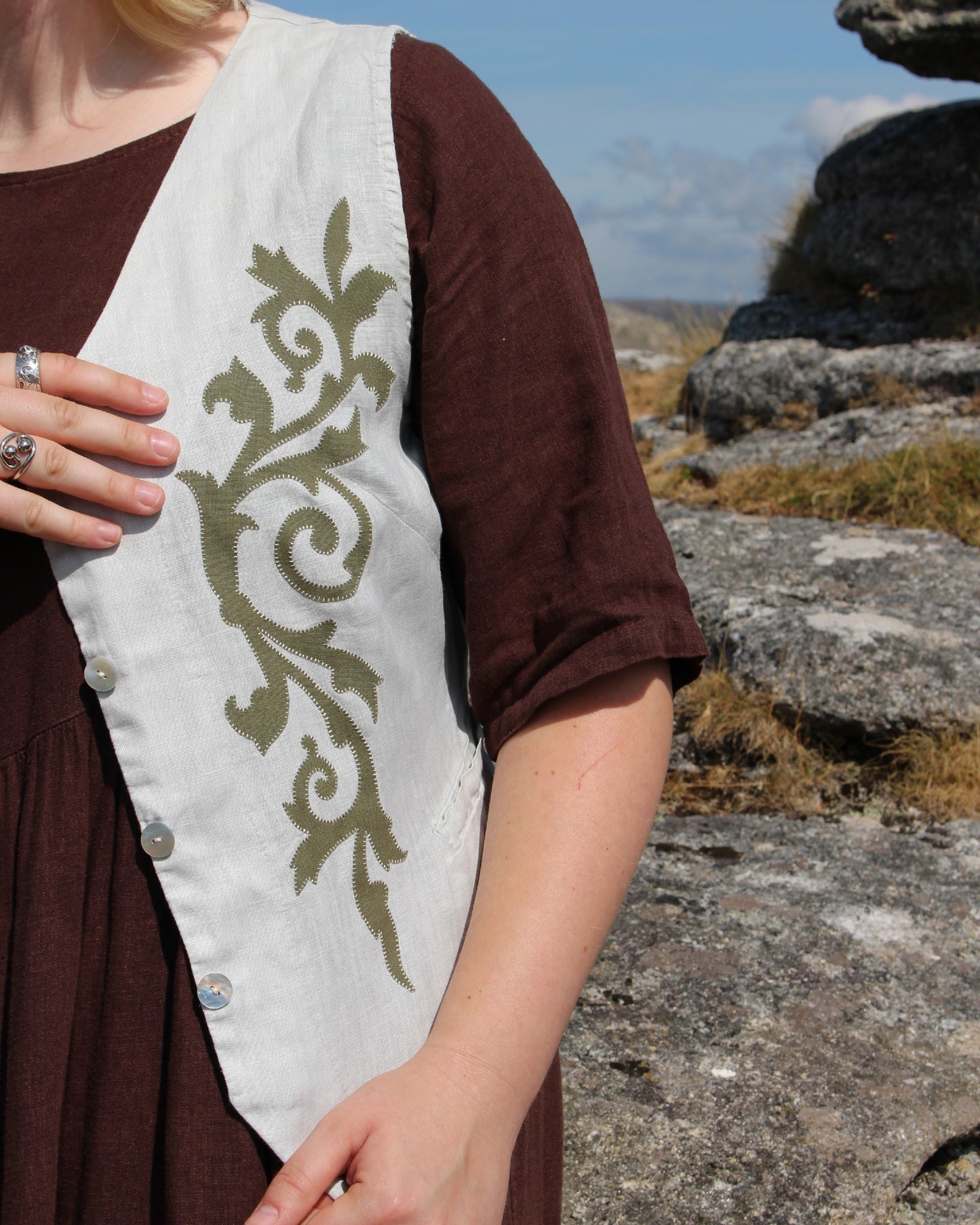 Ornate Spiraling Leafage, Reworked Linen Waistcoat