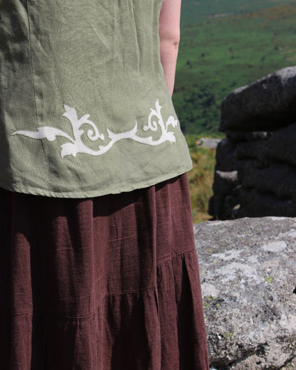 Ornate Spiraling Leafage On Mossy Green Linen Shirt