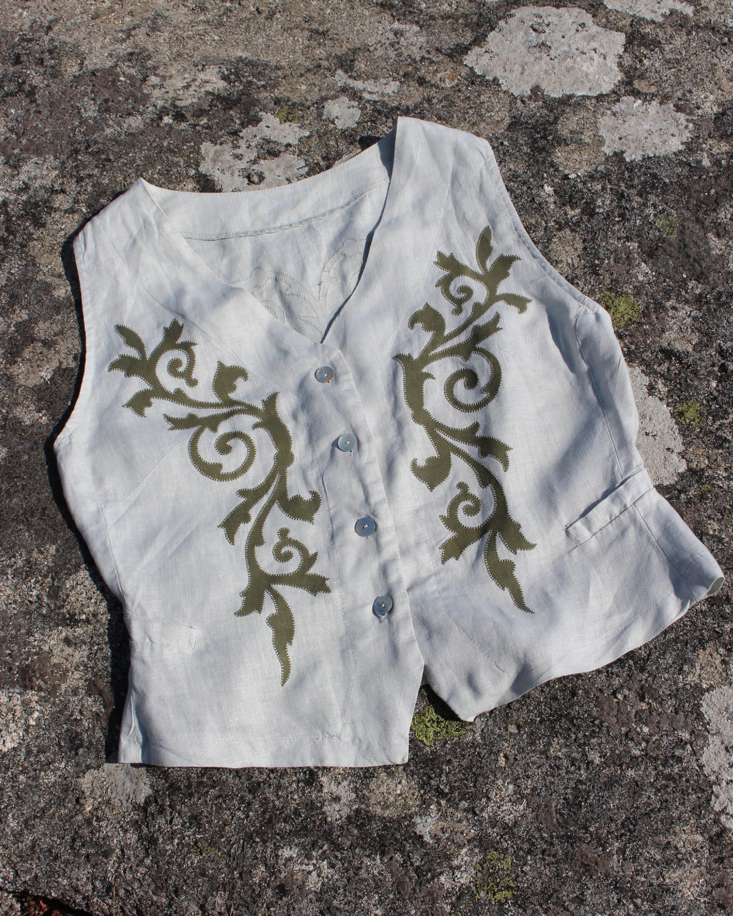 Ornate Spiraling Leafage, Reworked Linen Waistcoat