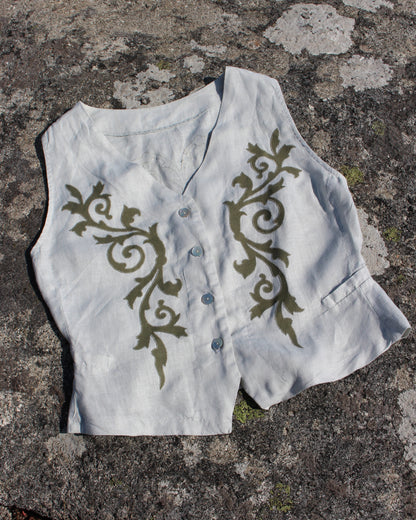 Ornate Spiraling Leafage, Reworked Linen Waistcoat