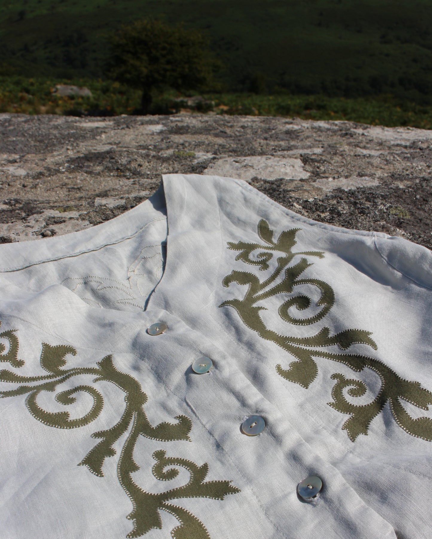 Ornate Spiraling Leafage, Reworked Linen Waistcoat