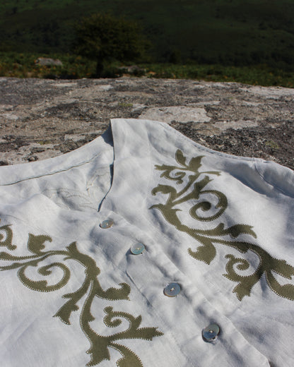 Ornate Spiraling Leafage, Reworked Linen Waistcoat