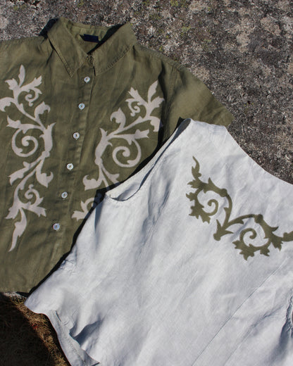 Ornate Spiraling Leafage, Reworked Linen Waistcoat