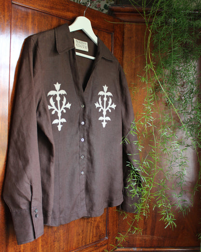 Medieval Floral Iron on Reworked Brown Linen Shirt