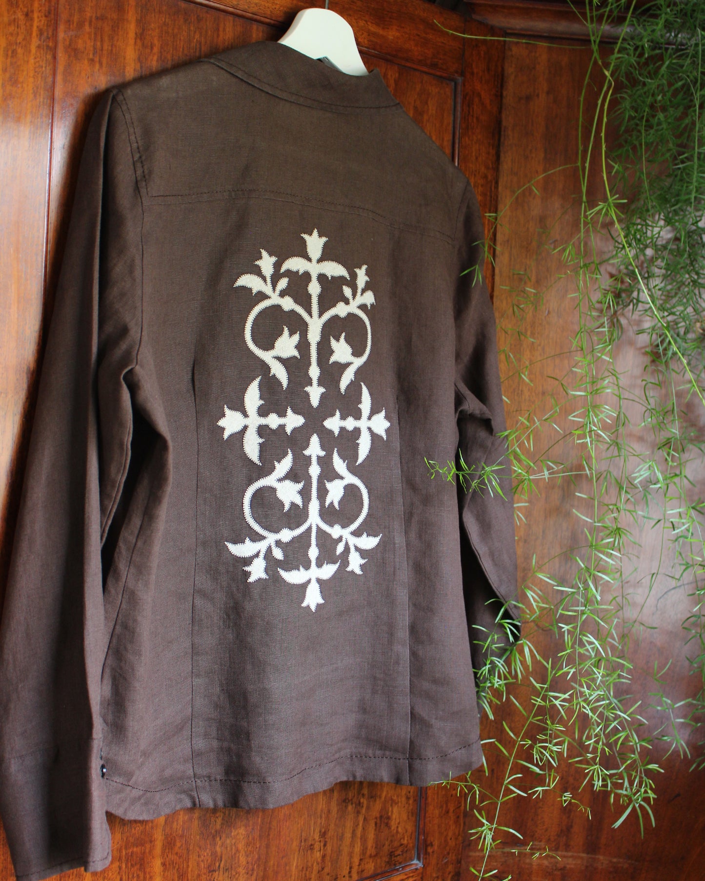 Medieval Floral Iron on Reworked Brown Linen Shirt