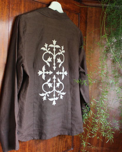 Medieval Floral Iron on Reworked Brown Linen Shirt