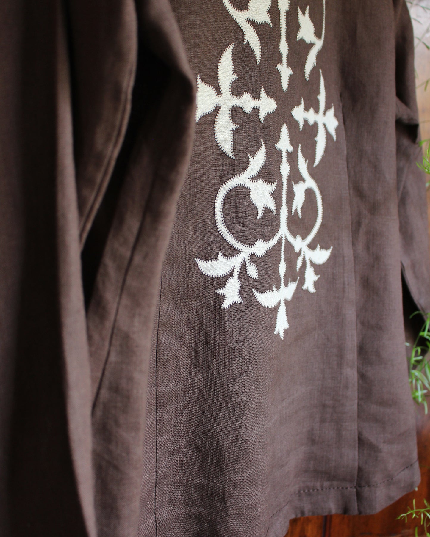 Medieval Floral Iron on Reworked Brown Linen Shirt