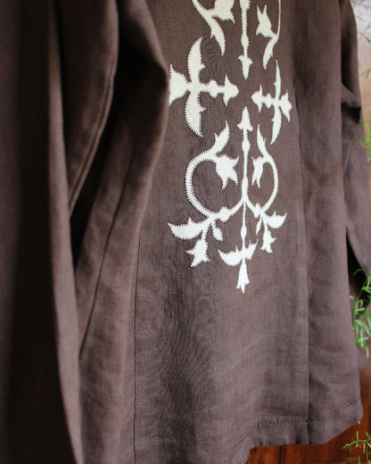 Medieval Floral Iron on Reworked Brown Linen Shirt