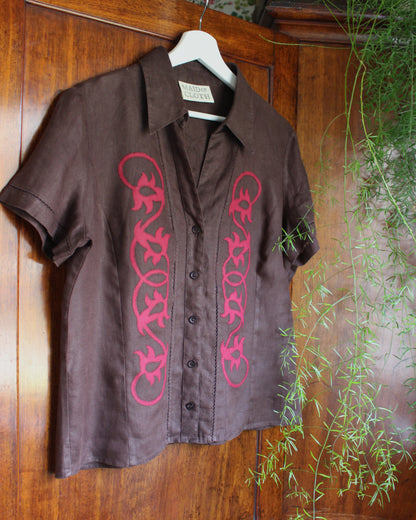 Medieval Foliage on Reworked Brown Linen Blouse