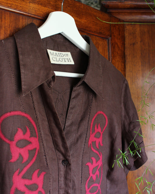Handmade Reworked Brown Linen Blouse — Medieval Foliage Appliqué, UK 14
