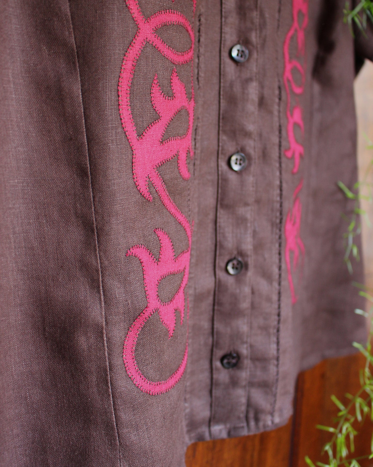 Medieval Foliage on Reworked Brown Linen Blouse