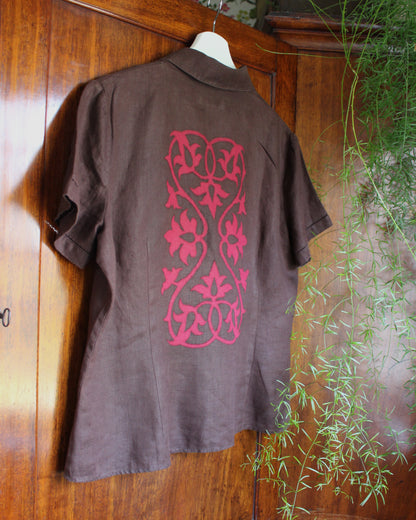 Medieval Foliage on Reworked Brown Linen Blouse