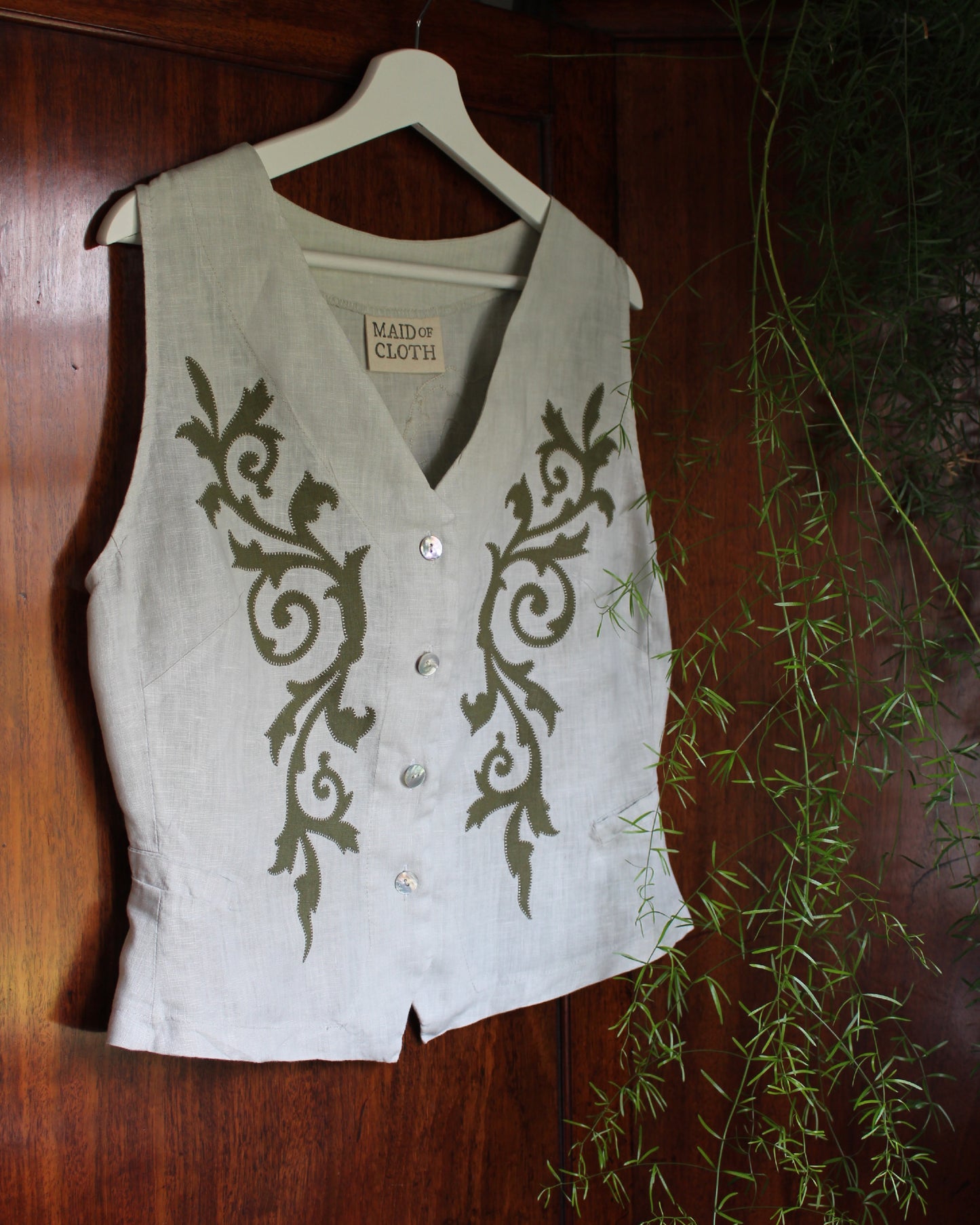 Ornate Spiraling Leafage, Reworked Linen Waistcoat