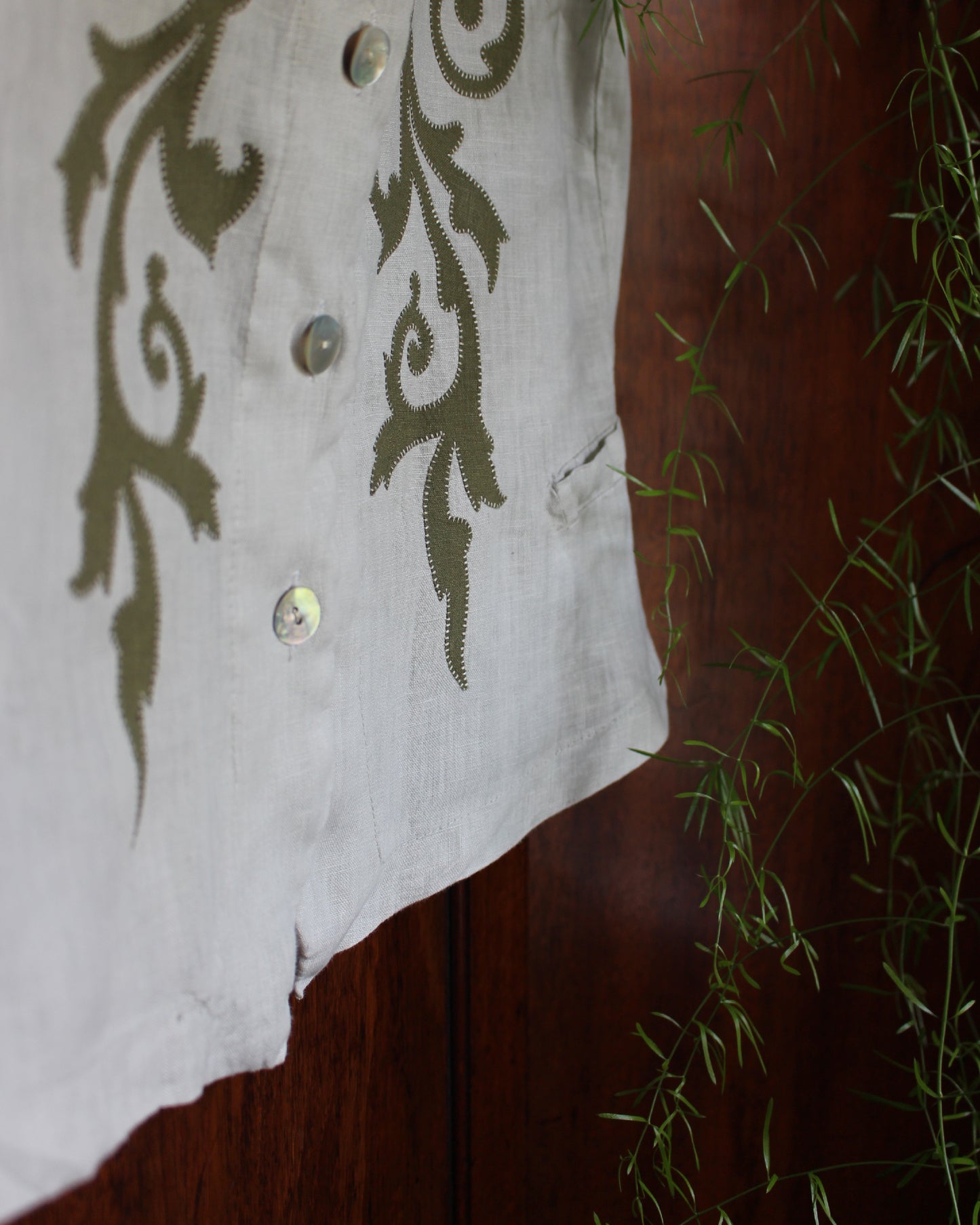 Ornate Spiraling Leafage, Reworked Linen Waistcoat