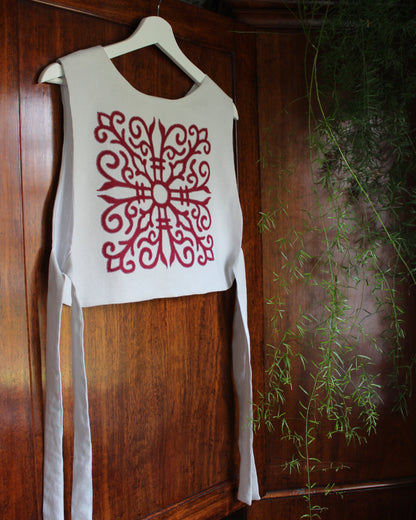 Red Celtic Ornamental Tile on Chalk White Linen