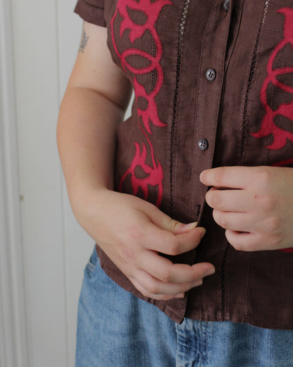 Medieval Foliage on Reworked Brown Linen Blouse