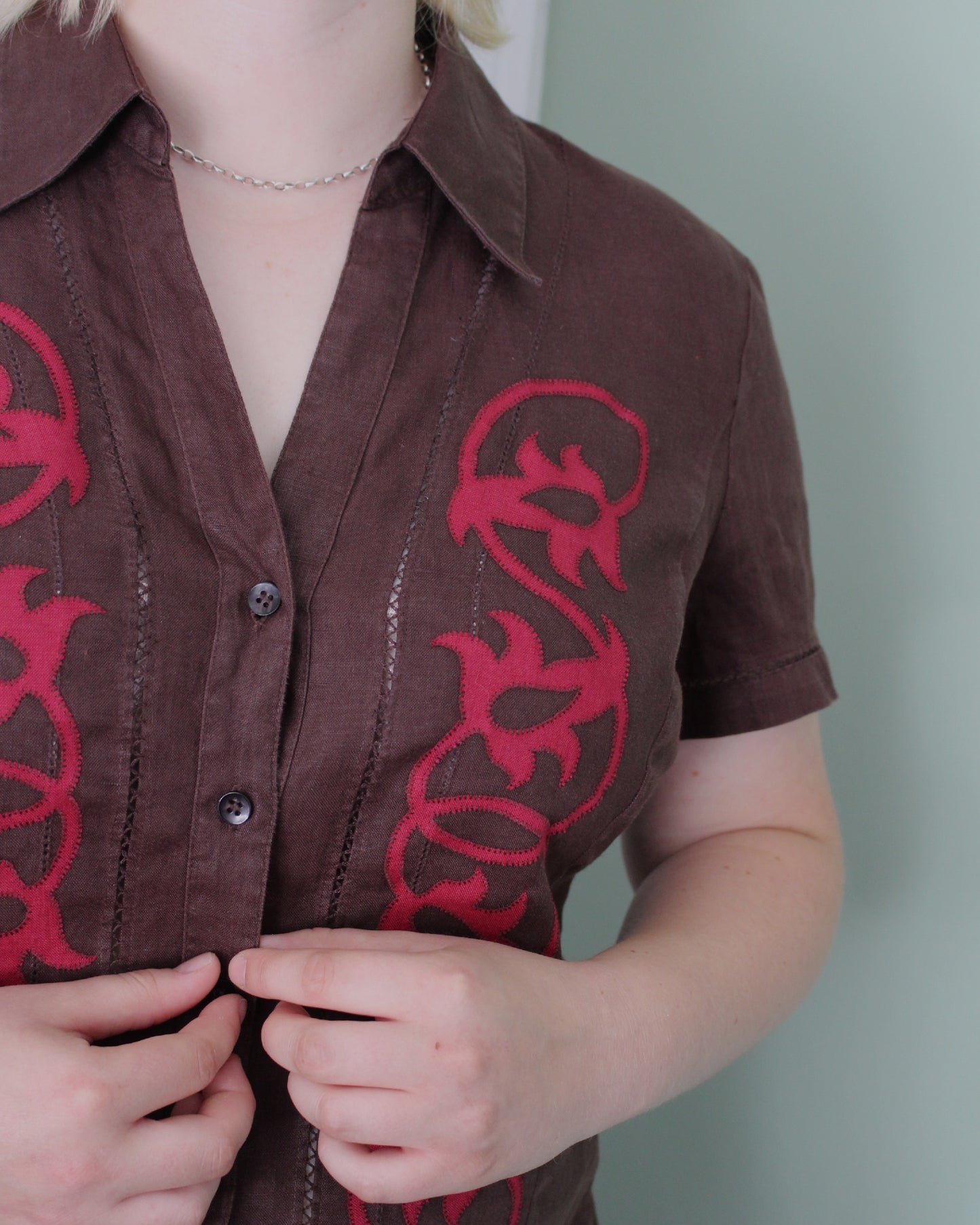 Medieval Foliage on Reworked Brown Linen Blouse