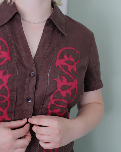Medieval Foliage on Reworked Brown Linen Blouse