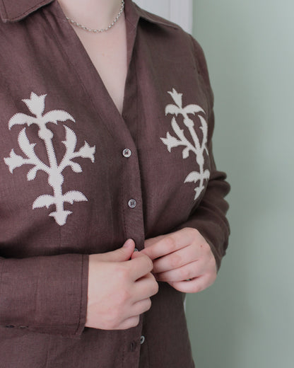 Medieval Floral Iron on Reworked Brown Linen Shirt
