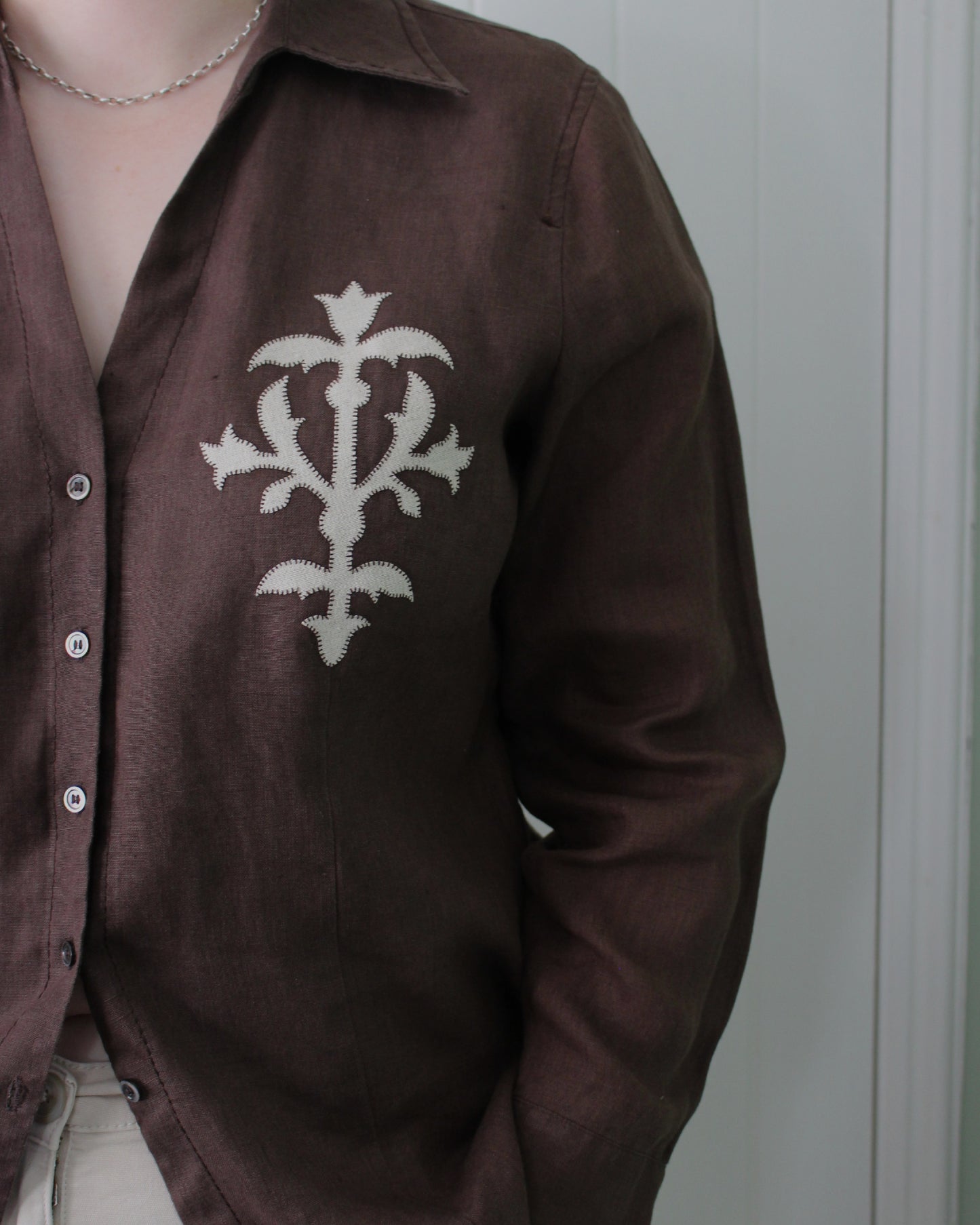 Medieval Floral Iron on Reworked Brown Linen Shirt