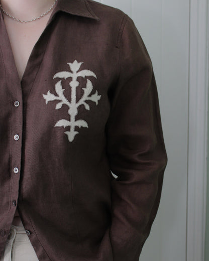 Medieval Floral Iron on Reworked Brown Linen Shirt