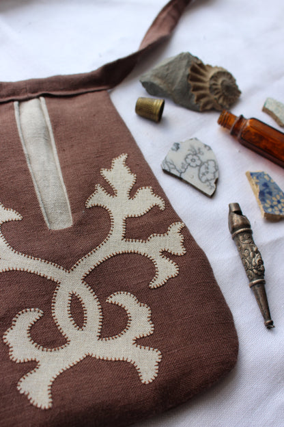 Handmade, Brown Linen Tie on Pocket - Ornate Foliage Appliqué