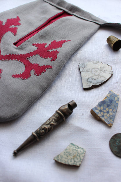 Handmade, Grey Linen Tie on Pocket - Ornate Foliage Appliqué