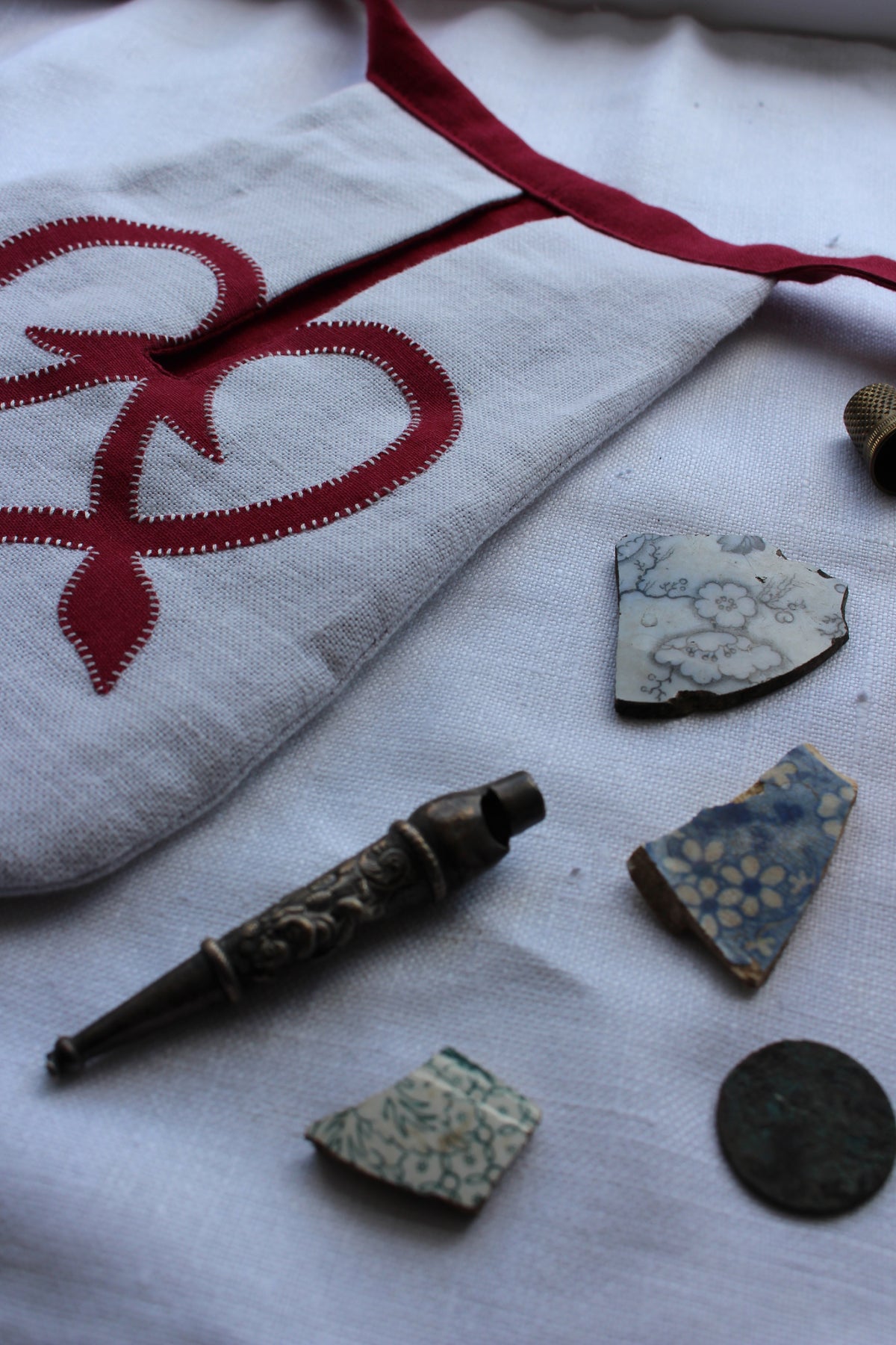 Handmade, White and Red Linen Tie on Pocket - Celtic Heart Appliqué