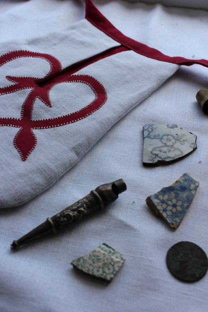 Handmade, White and Red Linen Tie on Pocket - Celtic Heart Appliqué