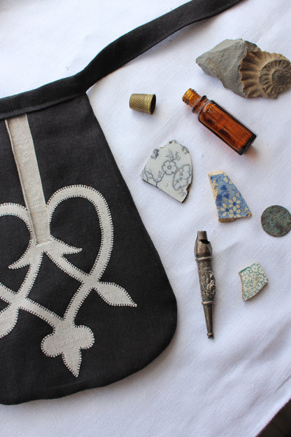 Handmade, Black Linen Tie on Pocket - Celtic Heart Appliqué