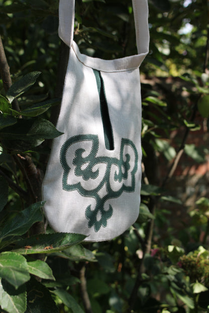 Handmade, Chalk White Linen Tie on Pocket - Tudor Tile Heart Appliqué