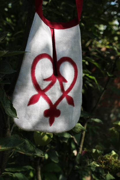 Handmade, White and Red Linen Tie on Pocket - Celtic Heart Appliqué