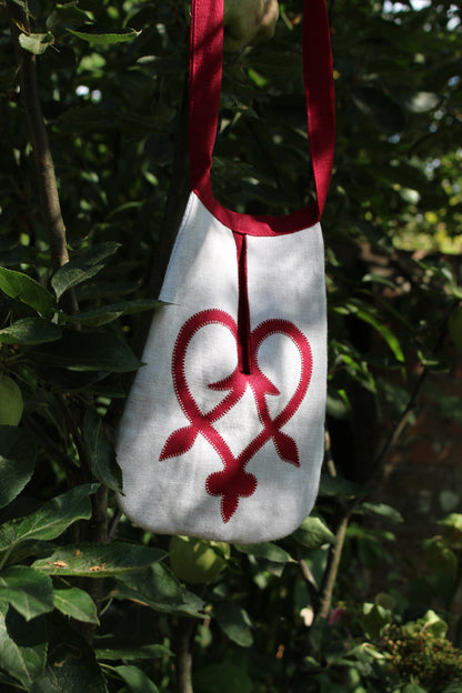 Handmade, White and Red Linen Tie on Pocket - Celtic Heart Appliqué