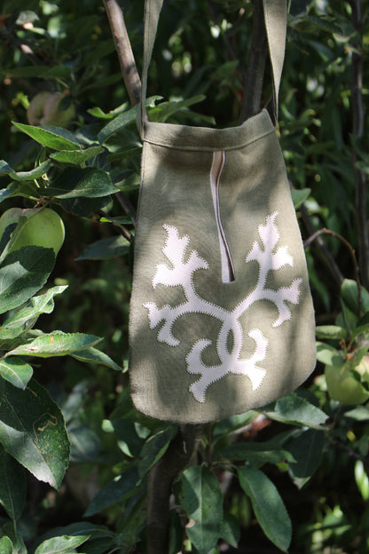 Handmade, Green Linen Tie on Pocket - Ornate Foliage Appliqué