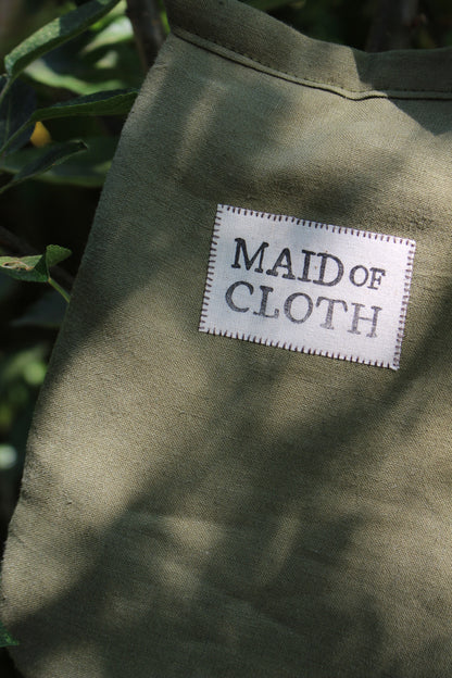 Handmade, Green Linen Tie on Pocket - Ornate Foliage Appliqué