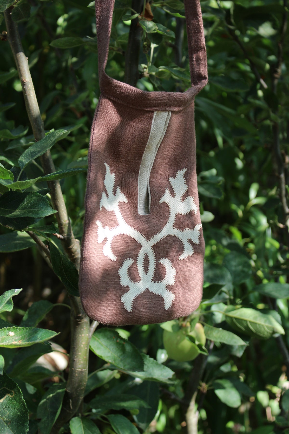 Handmade, Brown Linen Tie on Pocket - Ornate Foliage Appliqué