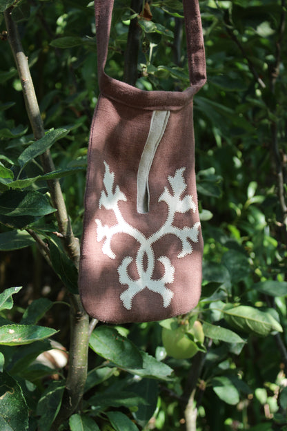 Handmade, Brown Linen Tie on Pocket - Ornate Foliage Appliqué