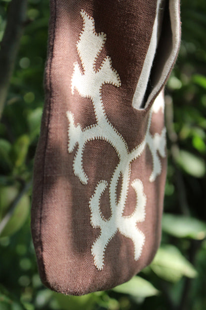 Handmade, Brown Linen Tie on Pocket - Ornate Foliage Appliqué