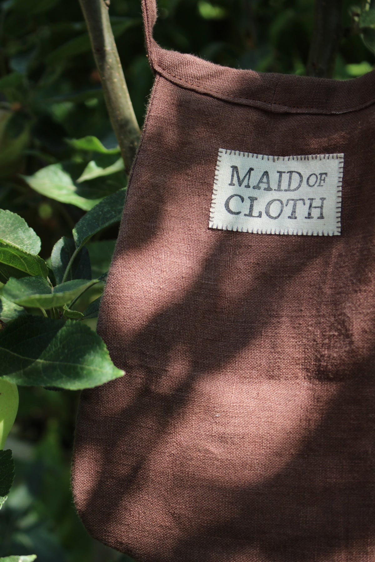 Handmade, Brown Linen Tie on Pocket - Ornate Foliage Appliqué