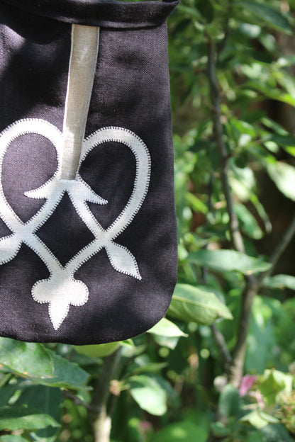 Handmade, Black Linen Tie on Pocket - Celtic Heart Appliqué