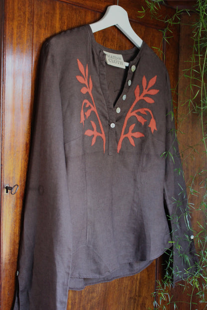 Reworked Brown Linen Blouse — Floral Folk Appliqué, UK 12