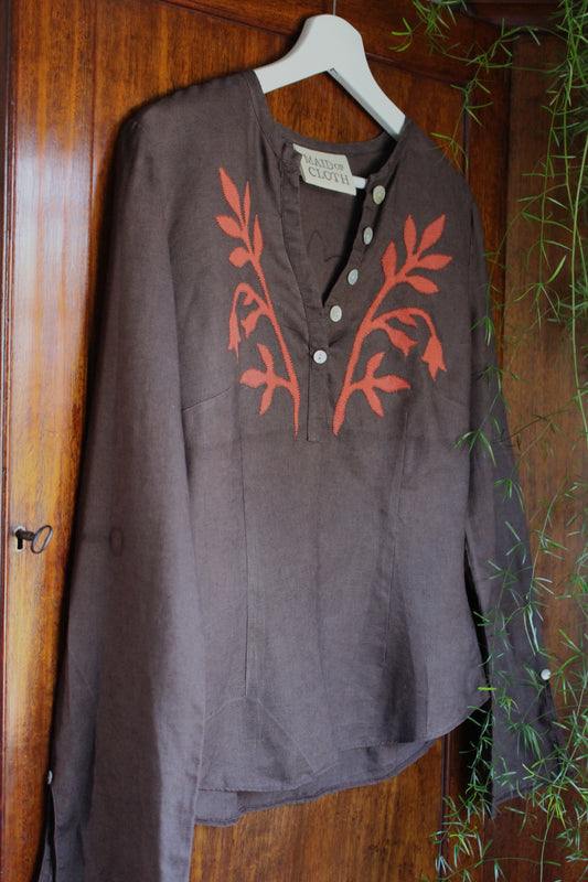 Reworked Brown Linen Blouse — Floral Folk Appliqué, UK 12