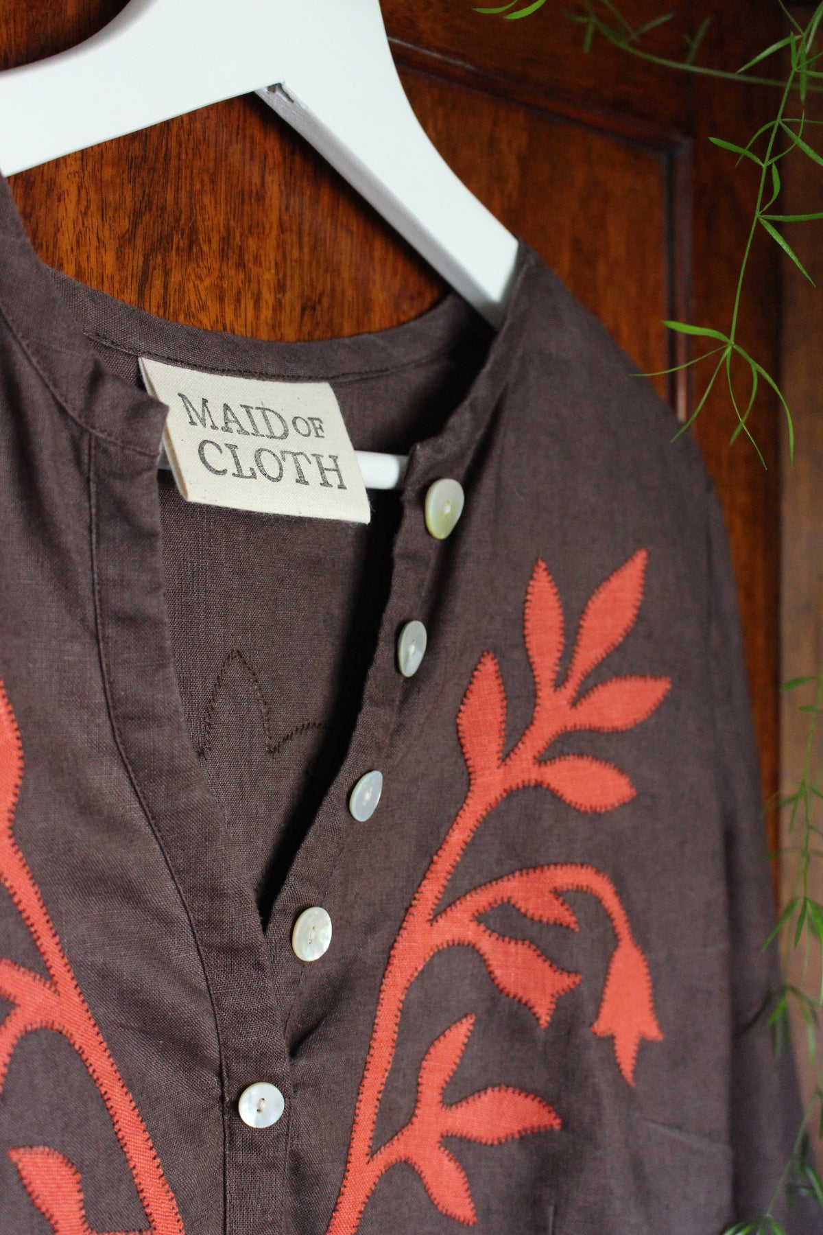 Reworked Brown Linen Blouse — Floral Folk Appliqué, UK 12