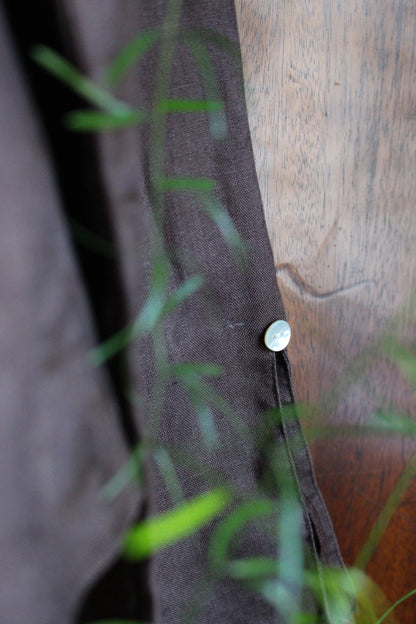 Reworked Brown Linen Blouse — Floral Folk Appliqué, UK 12