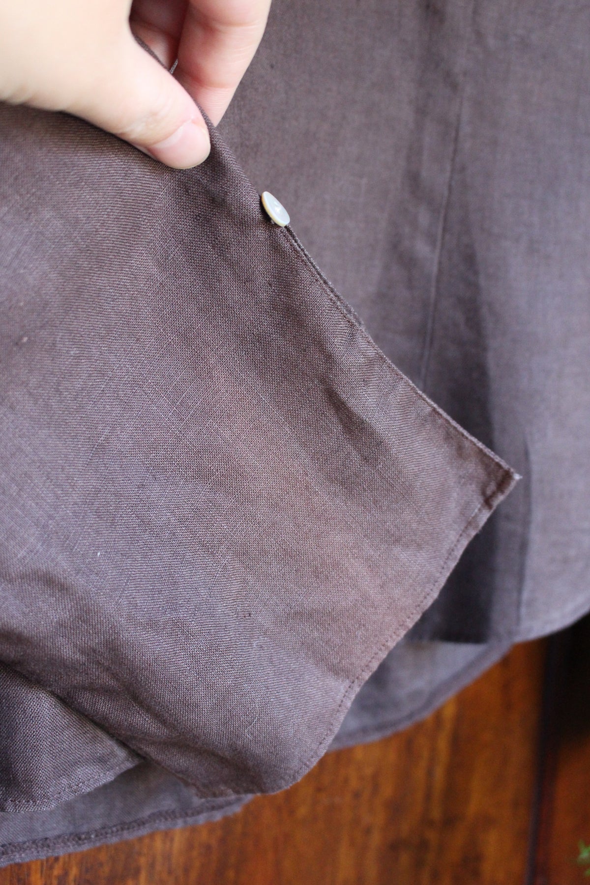 Reworked Brown Linen Blouse — Floral Folk Appliqué, UK 12