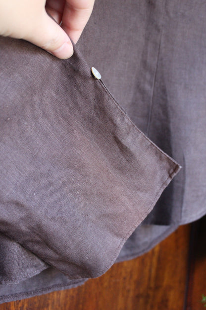 Reworked Brown Linen Blouse — Floral Folk Appliqué, UK 12