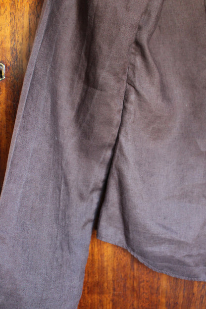 Reworked Brown Linen Blouse — Floral Folk Appliqué, UK 12